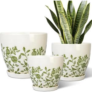 MPotTo Ceramic Flower Pots Indoor - 10+8+6 Inch Ceramic Planters for Outdoor Plants, Boho Round Planter Pots with Drainage Holes and Saucers, Plant Lover Gifts, Patio Decor, Set of 3, White