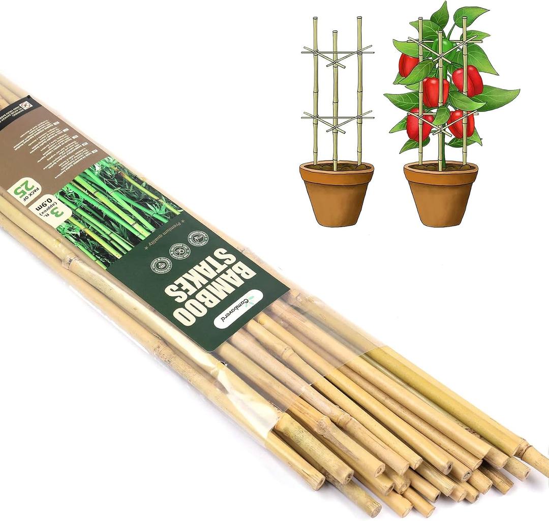 Cambaverd Bamboo Garden Stakes 3 Feet Plant Stakes for Roma Tomatoes Sunflowers Beans Potted and Climbing Plants - Pack of 25 Bamboo Sticks