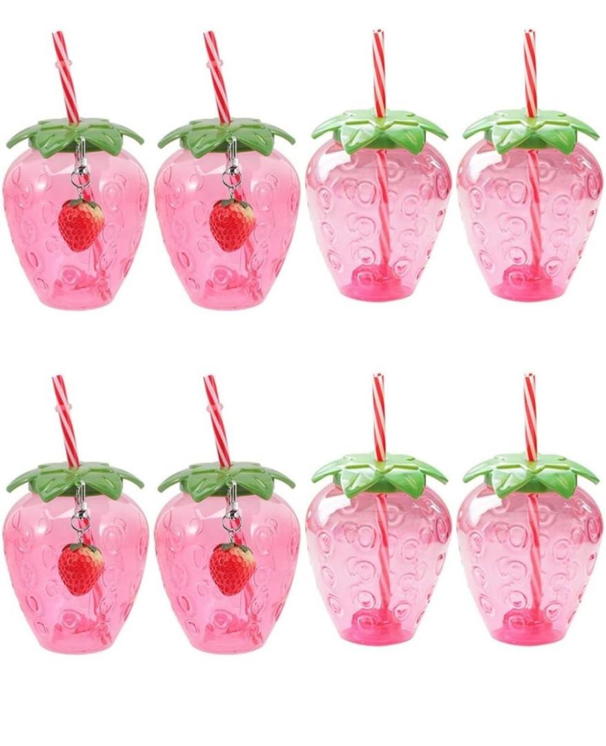 DOITOOL Strawberry Cups 8-Pack Plastic Drinking Mugs with Lids and Straws 16.9 Oz Portable Strawberry Shape Cups for Summer Pool Parties and Hawaiian Birthday Events