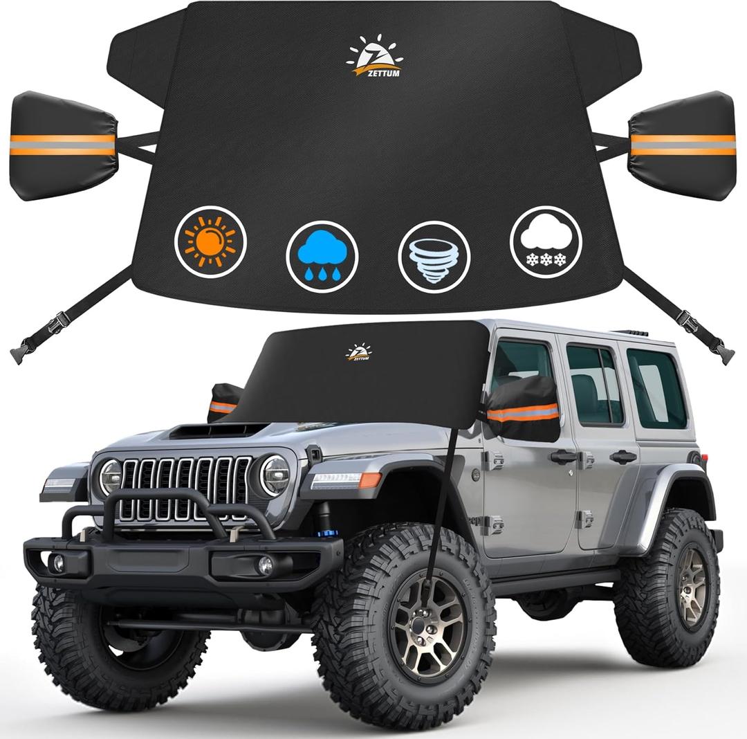 Zettum Car Windshield Snow Cover for Jeep Wrangler - 600D Car Windshield Snow Ice Cover Front Window Covers for Jeep Wrangler, Jeeps Gladiator, Ford Bronco, Toyota FJ Cruiser, Benz G Class, and More (1) Small - Jeep Wrangler / Similar Model)