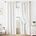White Blackout Pleated Ruffle Curtains for Bedroom with Design,Room Darkening Pom Pom Textured Ruffled Farmhouse Boho French Country Decorative Curtains for Living Room 84 Inches Long, 50"W x 84"L