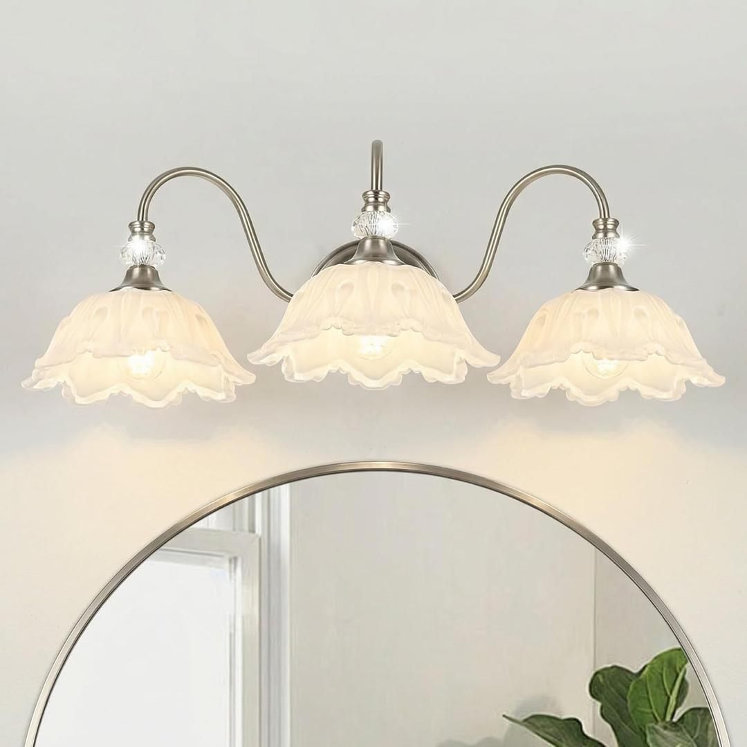 Brushed Nickel 3-Light Bathroom Vanity Light with Floral White Glass Shades, Brushed Nickel Wall Mount Lighting for Bathroom, Dressing Table