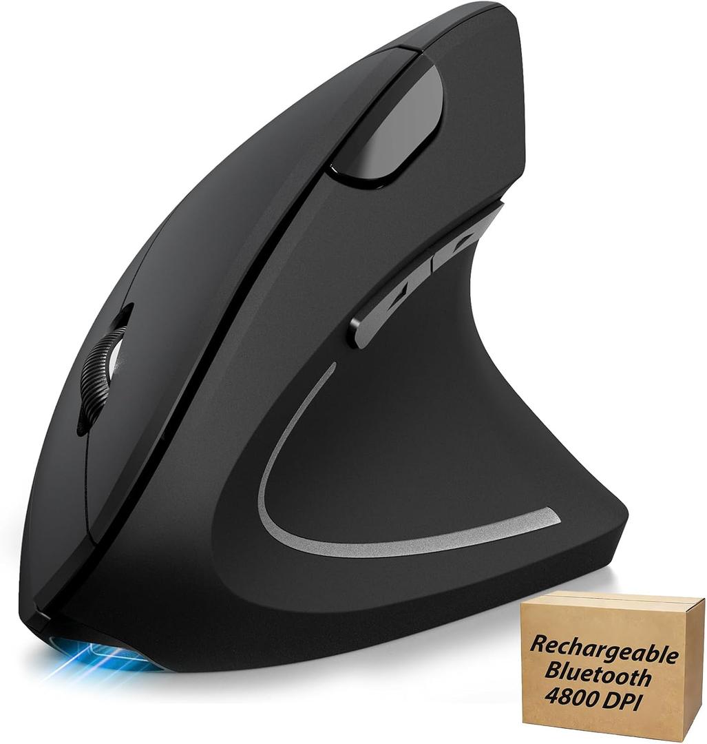 TECKNET Ergonomic Mouse Rechargeable Bluetooth - 4800 DPI Vertical Mice 6 Adjustable Levels, Wireless Optical Carpal Tunnel Mouse Right Hand, Multi Device for Laptop, PC, Computer, MacBook - Black