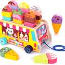 Wooden Ice Cream Truck, 28 pcs Magnetic Ice Cream Sweet Treats Pretend Play Food & Accessories, Montessori Sorting & Stacking Toys for Toddler Girls & Boys Age 2-5