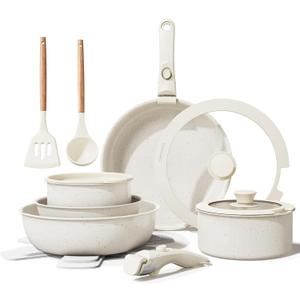 Bazova Ceramic Nonstick Cookware Set, Healthy,Non Toxic,17-Pieces Pots and Pans Set Removable Handles,Induction RV Kitchen Set,Stain & Scratch-Resistant,Dishwasher/Oven Safe,PFAS/PFOA Free,Cream White
