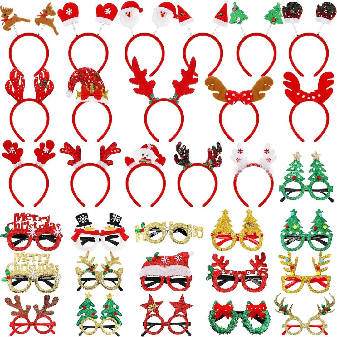 Jexine 32 Pcs Christmas Headbands and Glasses Frame Christmas Glittered Glasses Frame Eyewear Decoration for Xmas Party Favor