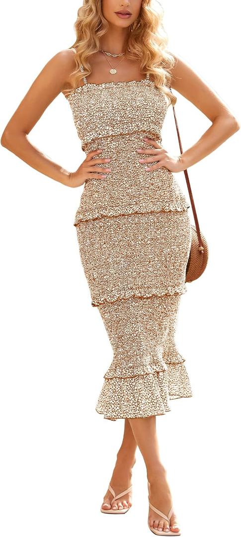dowerme Women Summer Casual Floral Midi Smocked Bodycon Dresses Spaghetti Strap Square Neck Ruffle Mermaid Prom Dress (Small, Khaki)