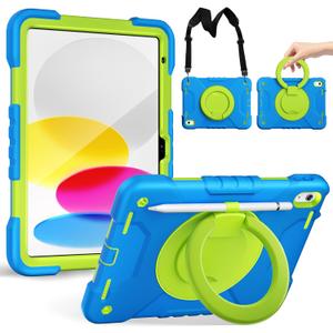 Case for iPad (A16) 11th Generation 11 inch 2025/10th Generation 10.9 inch 2022, Heavy Duty Shockproof Cover with 360 Rotating Handle/Bracket/Pen Holder/Shoulder Strap, Blue+Green