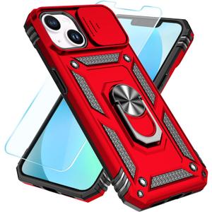 SunStory Compatible with iPhone 12/13 Mini Case with HD Screen Protector & Slide Camera Cover & Rotated Ring Kickstand, [Military-Grade] Phone Case for iPhone 12/13 Mini (Red)
