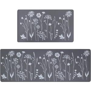Rempry 2 Pcs Kitchen Rugs and Mats, Cushioned Anti-Fatigue Floor Mat, PVC Non-Slip Waterproof Kitchen Rug Set for Kitchen, Office, Sink 17"x47"+17"x29" (Grey)