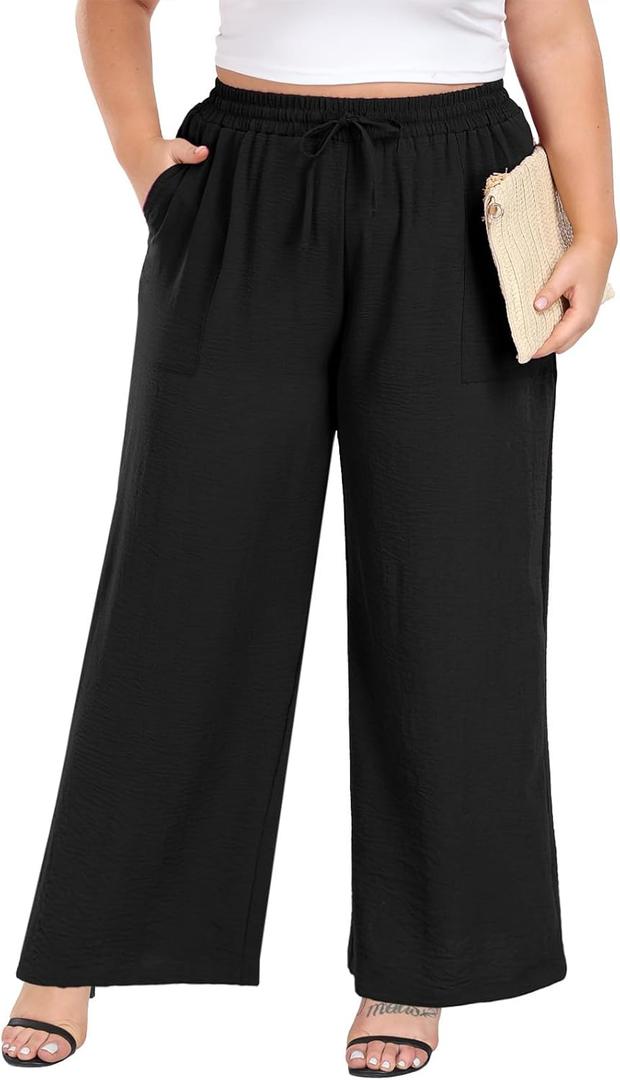 Lastshe Women's Plus Size Wide Leg Pants High Waist Loose Casual Palazzo Trousers with Pockets Spring Clothes (4X, 01 Black)