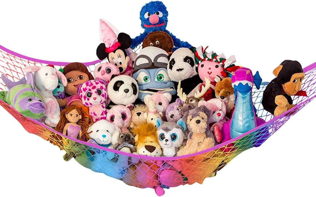 Lilly's Love Stuffed Animal Hammock | Corner Hanging Organizer, Stuffed Animal Storage | Easy to Hang Plushie Net w/Included Anchors & Hooks | Room & Bedroom Decor (Rainbow)