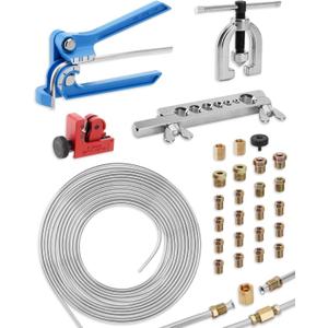 25 ft 3/16in Zinc-Plated Brake Line Flaring Tool Kit, Includes 3-in-1 Tube Bender, Double & Single Flaring Tool Set, 1 Tube Cutter, 2 Threads Unions, 20 Fittings