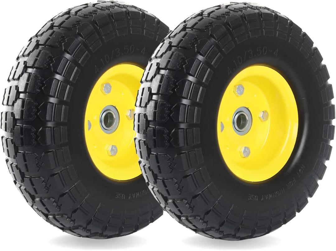 (2-Pack) 10-Inch Solid Tire Wheels - Replacement 4.10/3.50-4" Flat Free Tires and Wheels with 5/8" Axle Bore Hole Bearings, 2.17" Offset Hub -Perfect for Hand Truck, Wheelbarrow, Gorilla Carts (Yellow)