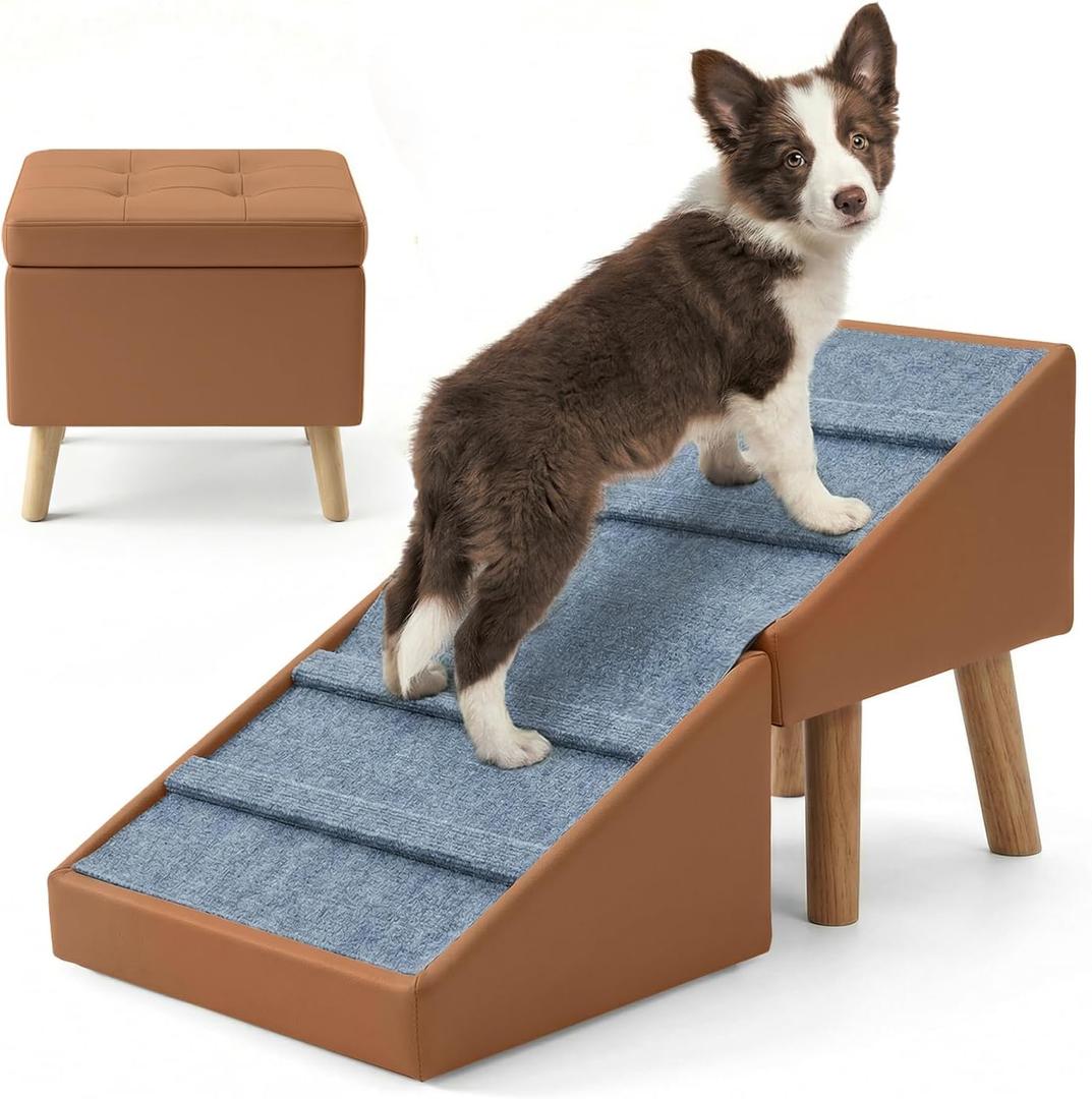 Dog Ramp & Stairs for Couch, 3-in-1 Steps Ottoman for Small Dogs | 15.7" H, 18.5" Extra Wide, Foldable & Hidden Storage Design, Non-Slip Ramp for Senior & Injured Pets (Camel)