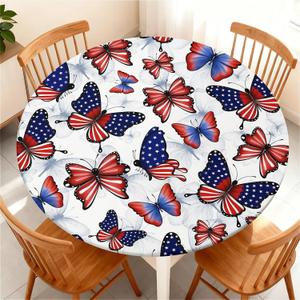 Elastic Tablecloth for Round Tables, Waterproof Tablecover for Up to 49"-52" Round Table, Dining Tablecover for Indoor and Outdoor, Holiday, Flag Butterfly