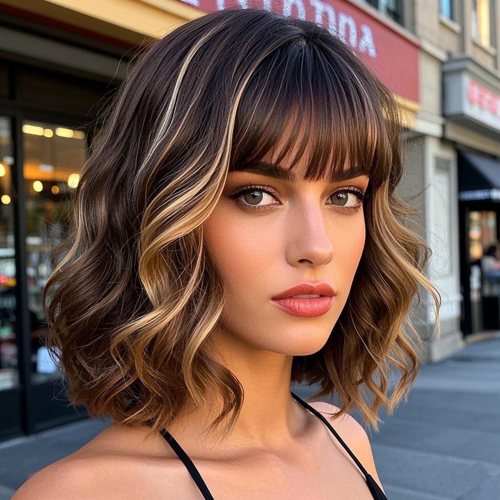 Blonde Highlight Bob Wig with Bangs for Women Dark Brown and Blonde Wigs Natural Looking Heat Resistant Synthetic Wig for Daily Party Use