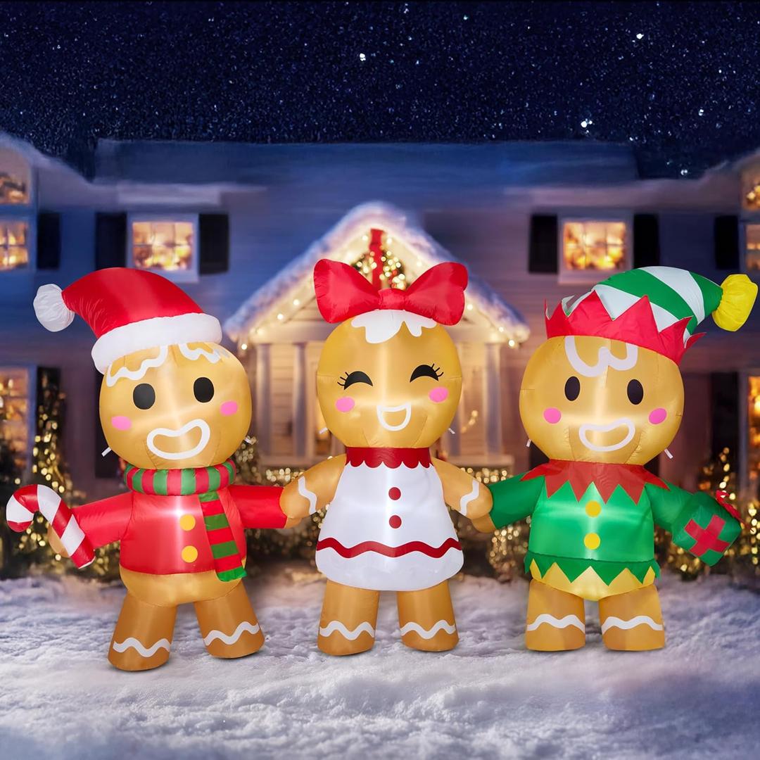 Joiedomi Christmas Inflatable Gingerbread Decoration, Christmas Blow Ups Three Gingerbread Men Yard Decoration with Build-in LEDs, Cute Xmas Gingerbread Inflatable for Outdoor Yard Garden Lawn Decor