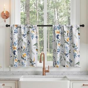 MYSKY HOME Floral Kitchen Tier Cafe Curtains 24 Inch Length 2 Panels Privacy Small Window Treatments Rod Pocket for Bathroom Basement, Yellow and Blue, 30 inch Wide