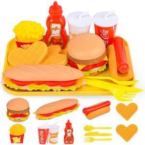 Pretend Play Fast Food Set,Play Food for Kids with Take Apart Burger and Hot Dog Plastic Toys Food,Play Kitchen Accessories Role Play Toys Christmas Birthday Gift for Kids Toddler Boys Girls, child-size