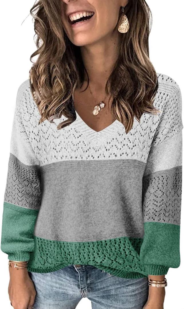 FEKOAFE Womens Sweaters 2026 Fall V Neck Long Sleeve Hollow Knit Pullover Sweaters for Women (XXL)