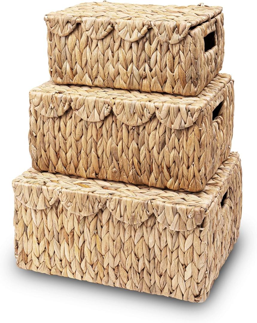 LUSYDECO Set of 3 Scalloped Edge Wicker Basket with Lid, Rectangle Wicker Storage Basket with Built-in Handles, Multipurpose Organizer Rattan Display Boxes for Shelf, Nursery Room