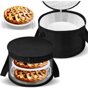 Yaomiao 2 Set Round Pie Carrier 11 x 7 Inch with Dish Tray Plate Stacker Insulated Casserole Carrier with Lid and Handle Reusable Cooler Thermal Bag for Cold Food for Potluck Picnic (Black)