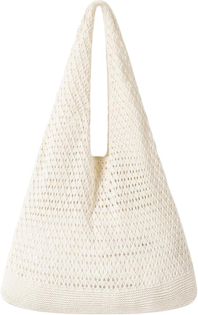 WantGor Crochet Bags, Beach Mesh Tote Bag Womens Shoulder Shopping Handbag Casual Travel Totes Bag Foldable Hobo Bags (Apricot)