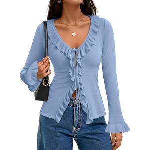 ZESICA Womens 2026 Fall Tie Front Bow Cardigan Sweaters Long Bell Sleeve V Neck Ruffled Knit Cropped Trendy Tops (Medium, Blue)
