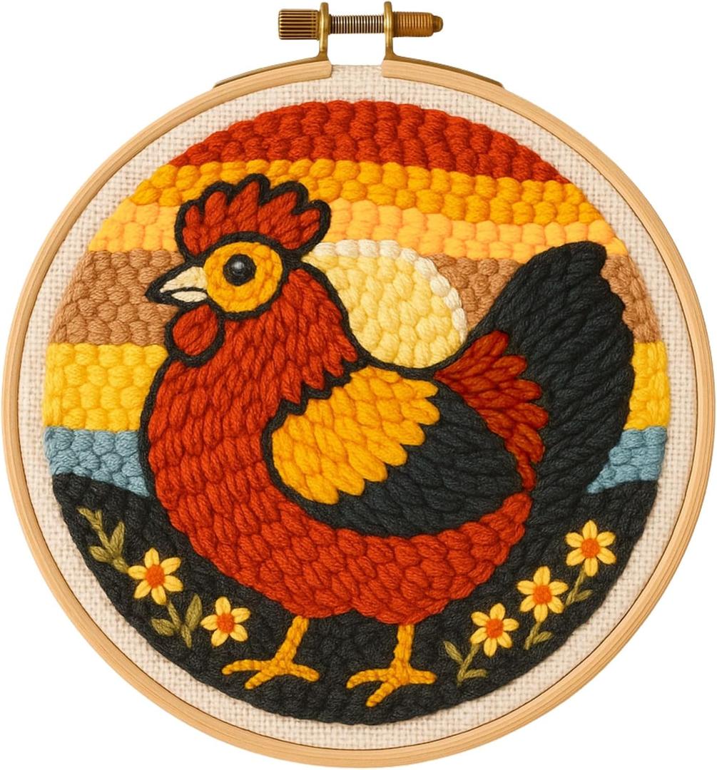 TEKWAVE Punch Needle Kit for Adults Beginners Rooster Sunrise Design, Step-by-Step Video Pre-Printed Pattern and Written Instructions, DIY Embroidery Set with Yarn, Fabric, Hoop for Home Decor Crafts