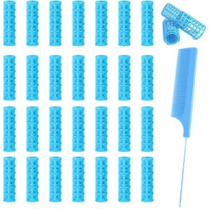 28PCS Small Rollers for Short Hair, 0.6in No Heat Tiny Curlers With Clips Small Roller Hair Curlers Set Mini Snap-On Plastic Hair Rollers(Blue)
