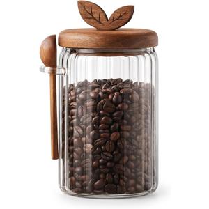 Glass Coffee Canister with Wooden Lid & Spoon, Airtight Food Storage Jar for Coffee, Sugar, Salt, Tea & Snacks (27floz)