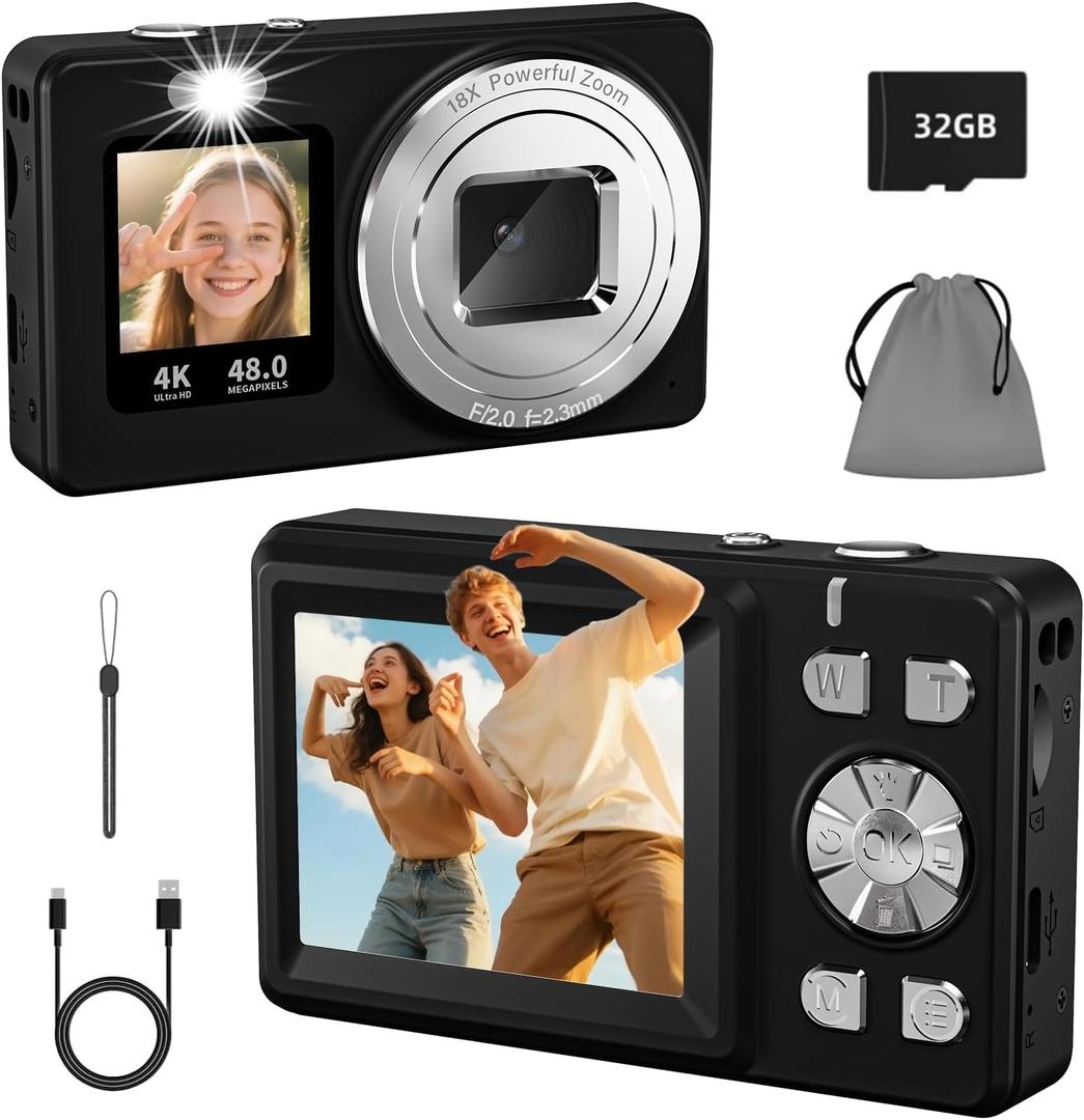 Digital Camera, 4K 48MP Autofocus Dual Screen for Selfies, 18X Zoom Fill Light, Portable Point and Shoot Camera with 32GB SD Card for Kids, Teens, Girls, Boys- Black