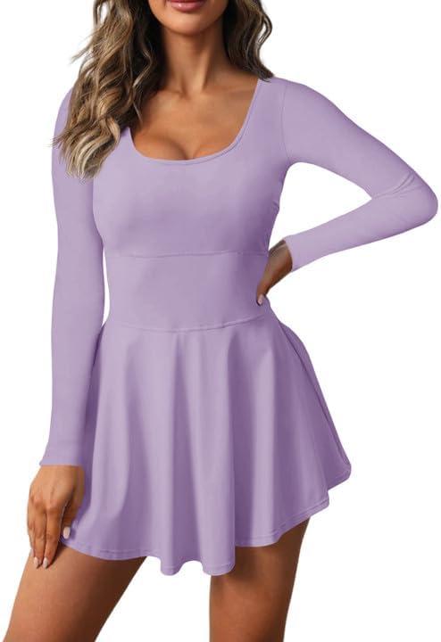Fisoew Womens 2-in-1 Athletic Tennis Golf Dress Long Sleeve Underneath Workout Active Dresses with Built-in Shorts (Medium, Purple)