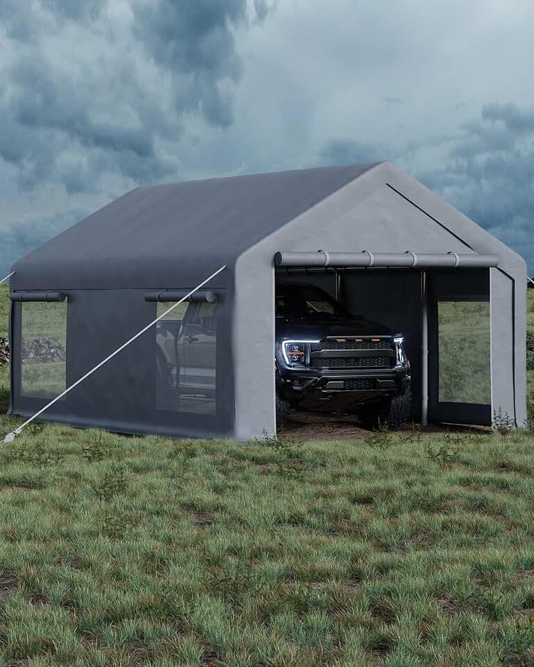 Garvee 10x20 ft Portable Garage, Car Port with 200 g PE Tarp Canopy, with 2 Roll-Up Doors and 4 Windows, for Temporary Paint Booth, Boats&Pickups Shed, and Event Shelter, Gray