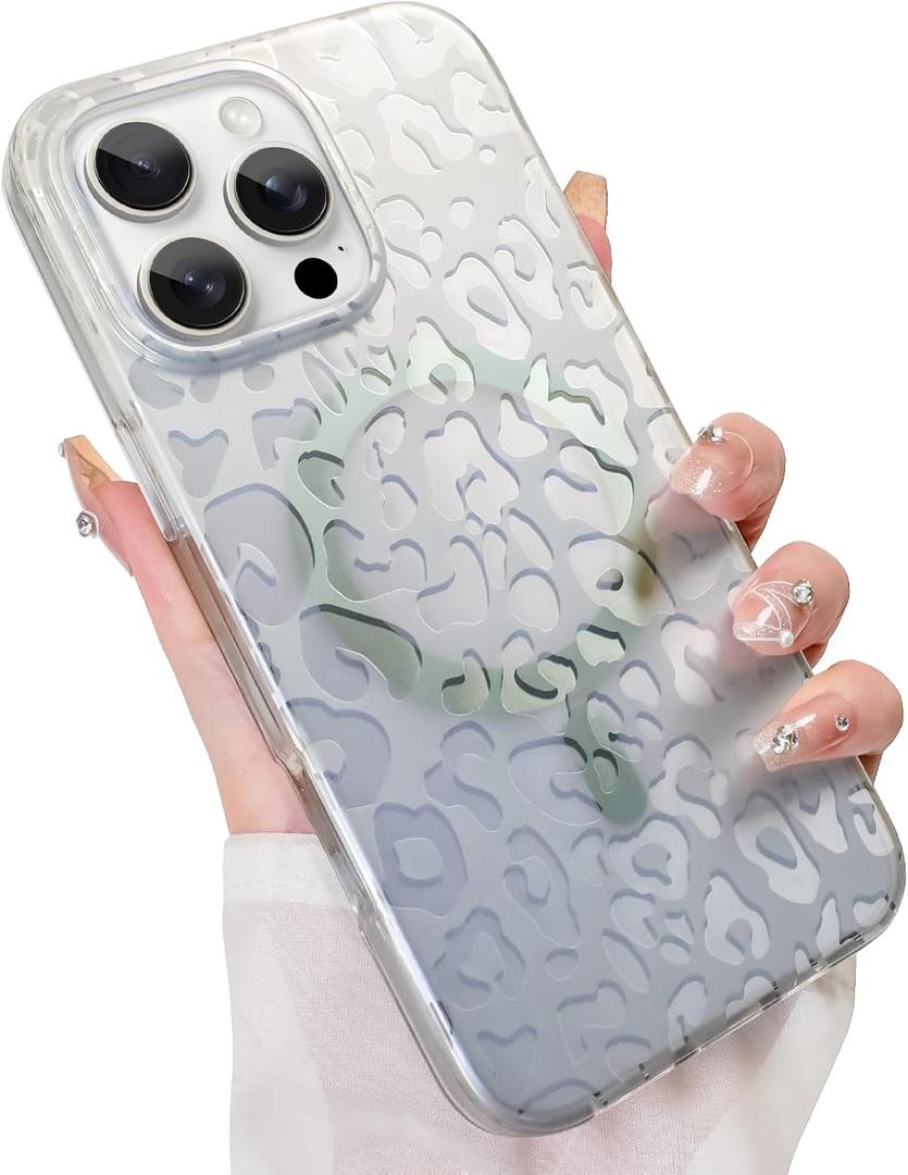 Cute Case for iPhone 16 Pro Case for Women Girls [ Compatible with Magsafe ] Translucent Silver Cheetah Print Pattern Design, Aesthetic Glitter Sparkly Bling Leopard Magnetic Phone Cover