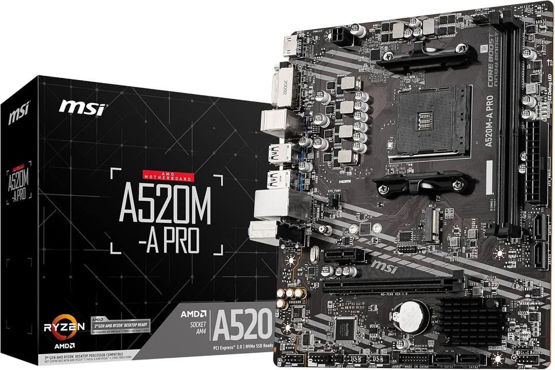 MSI A520M-A PRO V1 Gaming Motherboard (AMD Ryzen 5000, AM4, DDR4, PCIe 3.0, SATA 6Gb/s, M.2, USB 3.2 Gen 1, DVI/HDMI, Micro-ATX)