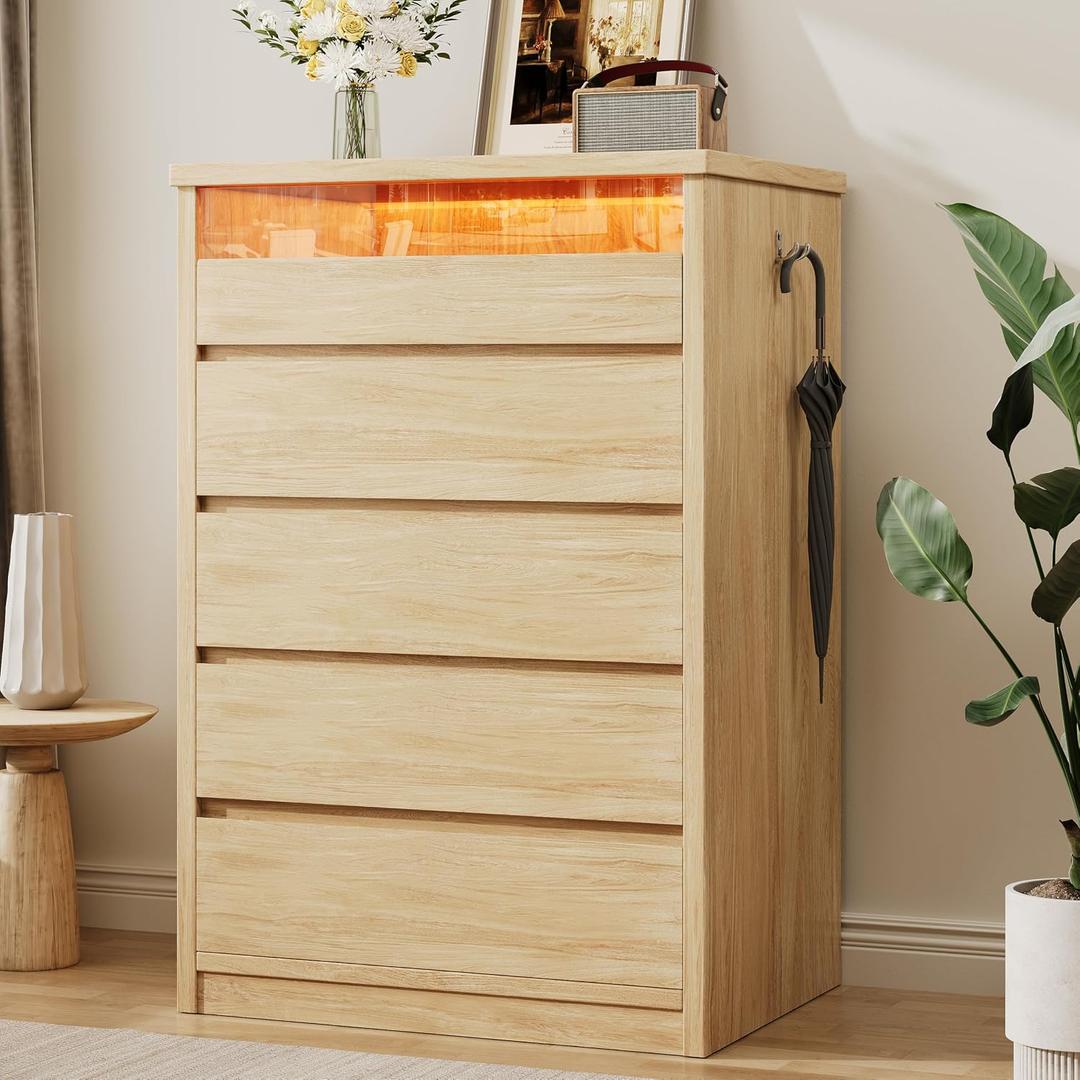Jocoevol 5 Drawer Dresser for Bedroom with LED Light, Modern Chest of Drawers with Hidden Handles, Tall Wooden Dresser Closet for Living Room, Entryway, Hallway - Oak, 15.8"D x 47.2"W x 29.7"H