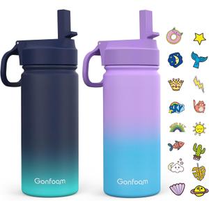 2 x Kids Water Bottle, 2-Pack 16oz Water Bottles with Stickers and Straw, Stainless Steel Vacuum Insulated cup, Kids Water Bottle for School, Gifts for Boys and Girls(Blue/Purple)