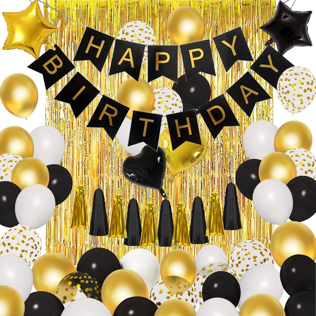 Amandir Birthday Decorations for Men Women Black and Gold Balloons Party Decorations Happy Birthday Banner Tassels Metallic Fringe Curtains 30th 40th 50th 70th Birthday Graduation Decorations Supplies