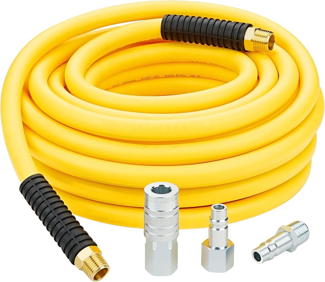 1/2 Inch x 50ft. Hybrid Air Hose with 1/2 in. MNPT Ends and Bend Restrictors, 3PCS 1/2 Air Coupler and Plug Kit, Air Compressor Hose Fittings and Accessories
