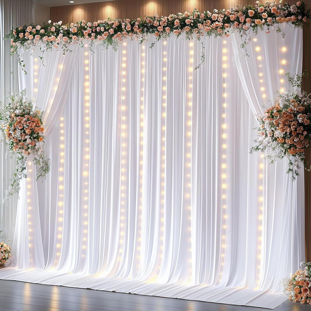 10 x 10 ft White Backdrop Curtains with Lights String for Wedding Polyester Photo Background Drapes White Wrinkle Free Soft Curtains for Birthday Parties Reception Baby Shower Ceremony-5 x 10ft x 2P