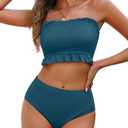 Tempt Me Women Bandeau High Waisted Bikini Sets Smocked Swimsuit Strapless Two Piece Bathing Suit (Large, Blue Green)