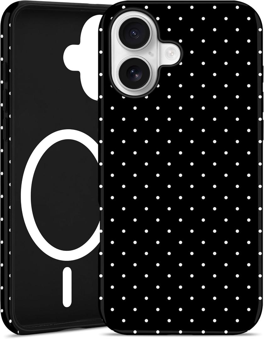 Jusy Compatible with MagSafe Polka Dot Case for iPhone 16 Pro Max, Cute Aesthetic Polka Dots Magnetic Phone Case, Soft TPU and Hard PC Protective Phone Cover for Women Girls (Matte) - Black