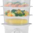 Kalorik Electric Food Steamer with Manual Controls 3-Tier with BPA Free Dishwasher Safe Baskets, 800 Watts and 60-Minute Timer Turbo Steam Feature and Easy Refill, 9-Quarts, White