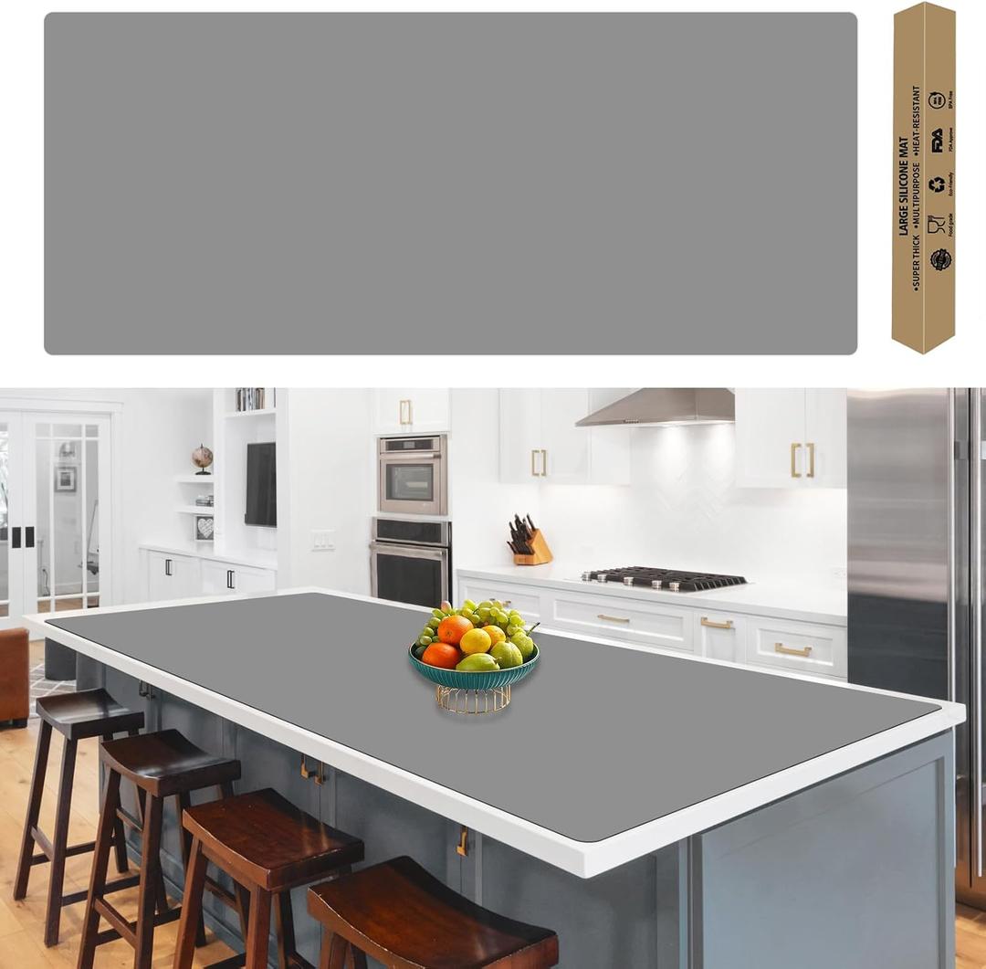 120"x24''(305cmx60cm) Extra Large Silicone Mat for Kitchen Counter, Heat Resistant Countertop Protector, Non-Slip Waterproof Kitchen Island Mat, Easy to Clean, Light Gray