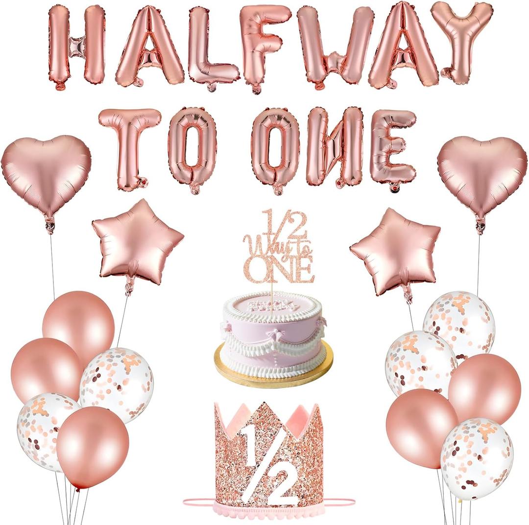 Half Birthday Decorations Girls - Half Way To One Balloons, 6 Months Birthday Decorations & 1/2 Birth-day Party Supplies Kit | HalfWay to One Banner Balloons, Glitter Crown, Cake Topper (Rose Gold)