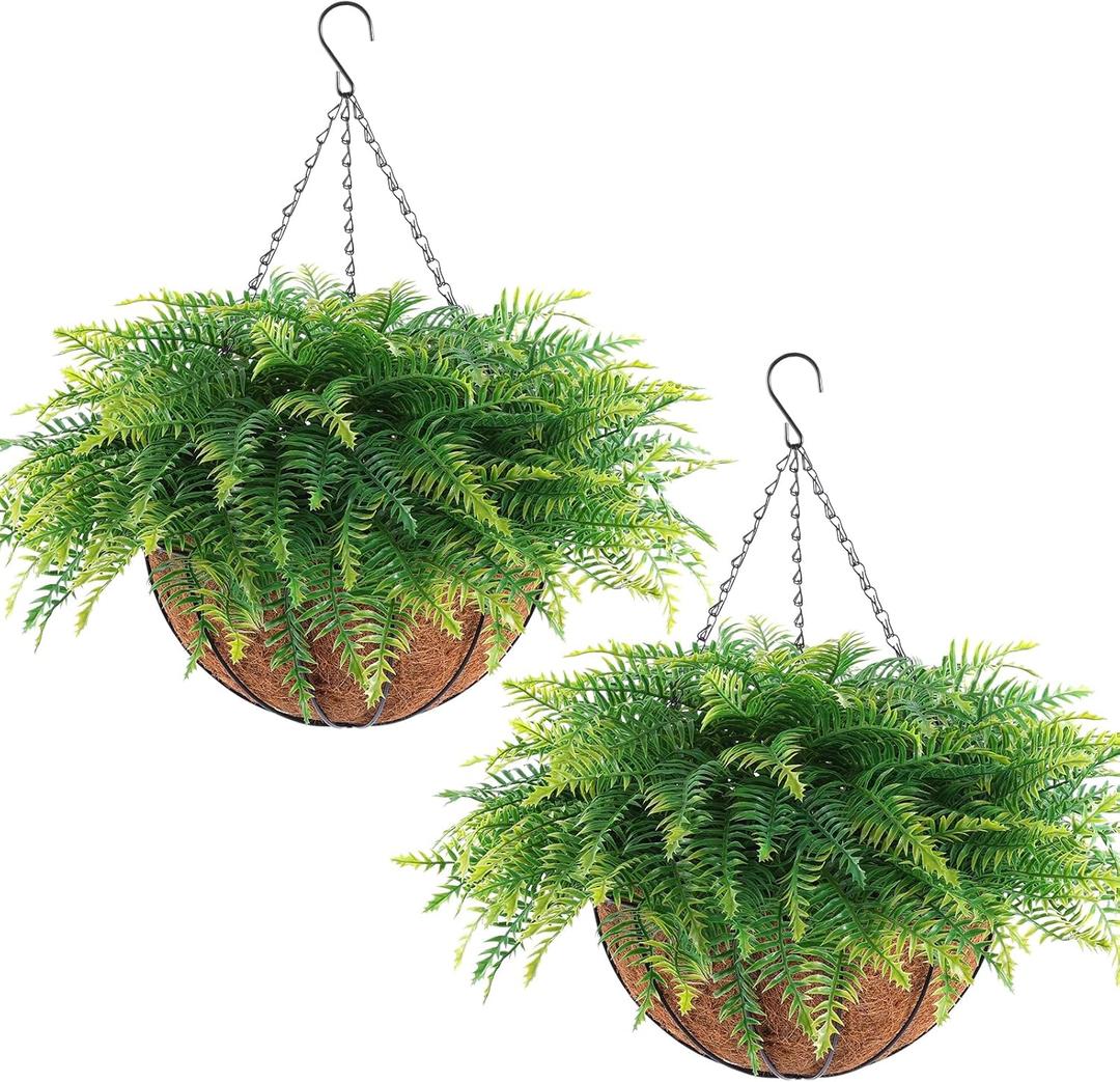 2 Set Artificial Hanging Fern Plants Outdoor Fake Hanging Ferns Planter, UV Resistant Faux Fern Plant Baskets for Outdoors Patio Garden Home Decor (Plastic, 2)