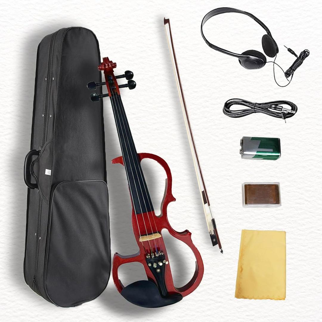 Electric Violin, 4/4 Full Size Solid Silent Fiddle with Ebony Fittings, Silent Electric Violin Kit for Beginner Students (Mahogany)
