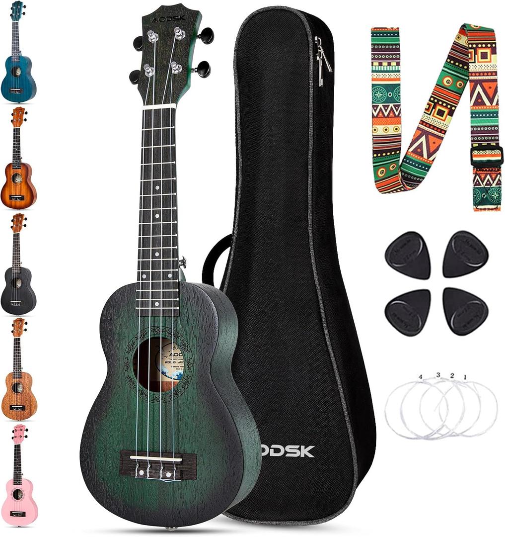 AODSK Concert 23 Inch Ukulele, Starter Kit with Bag, Strap & Picks, Green